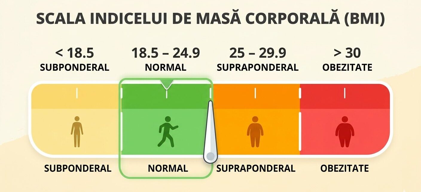 Clasificarea Indicelui de Masă Corporală (BMI) Grafic infografic cu scala și categoriile Indicelui de Masă Corporală (BMI) — subponderal, normal, supraponderal și obezitate