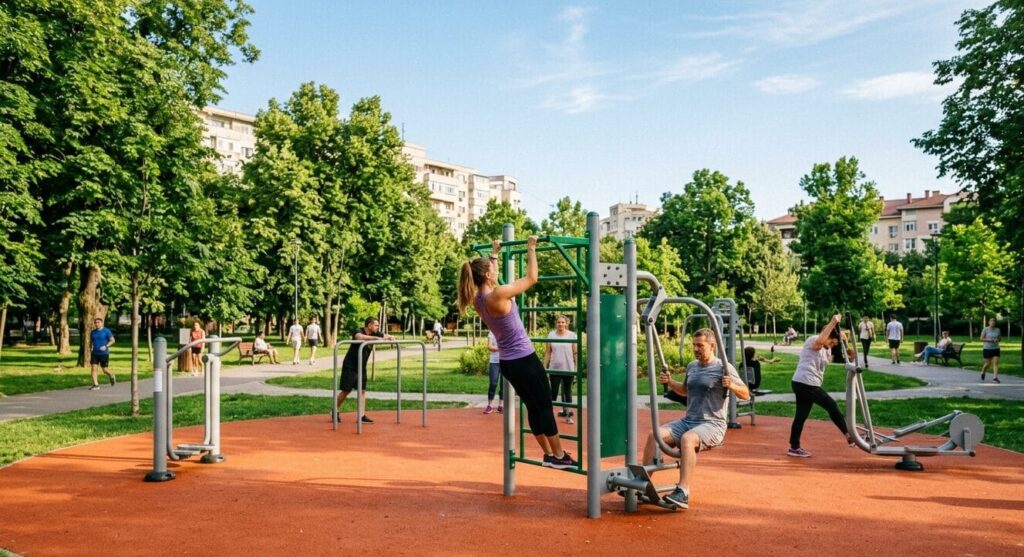 Antrenament funcțional la aparate de fitness în aer liber într-un parc din București, Sector 6.