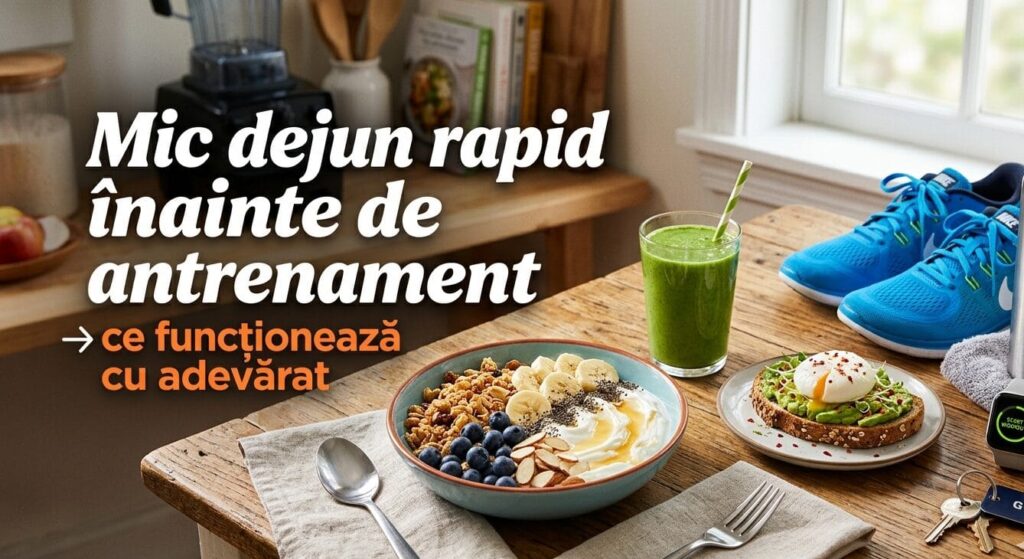 mic dejun pre-antrenament cu bol de ovăz, bagel cu ou fiert, avocado și smoothie verde lângă echipament sportiv
