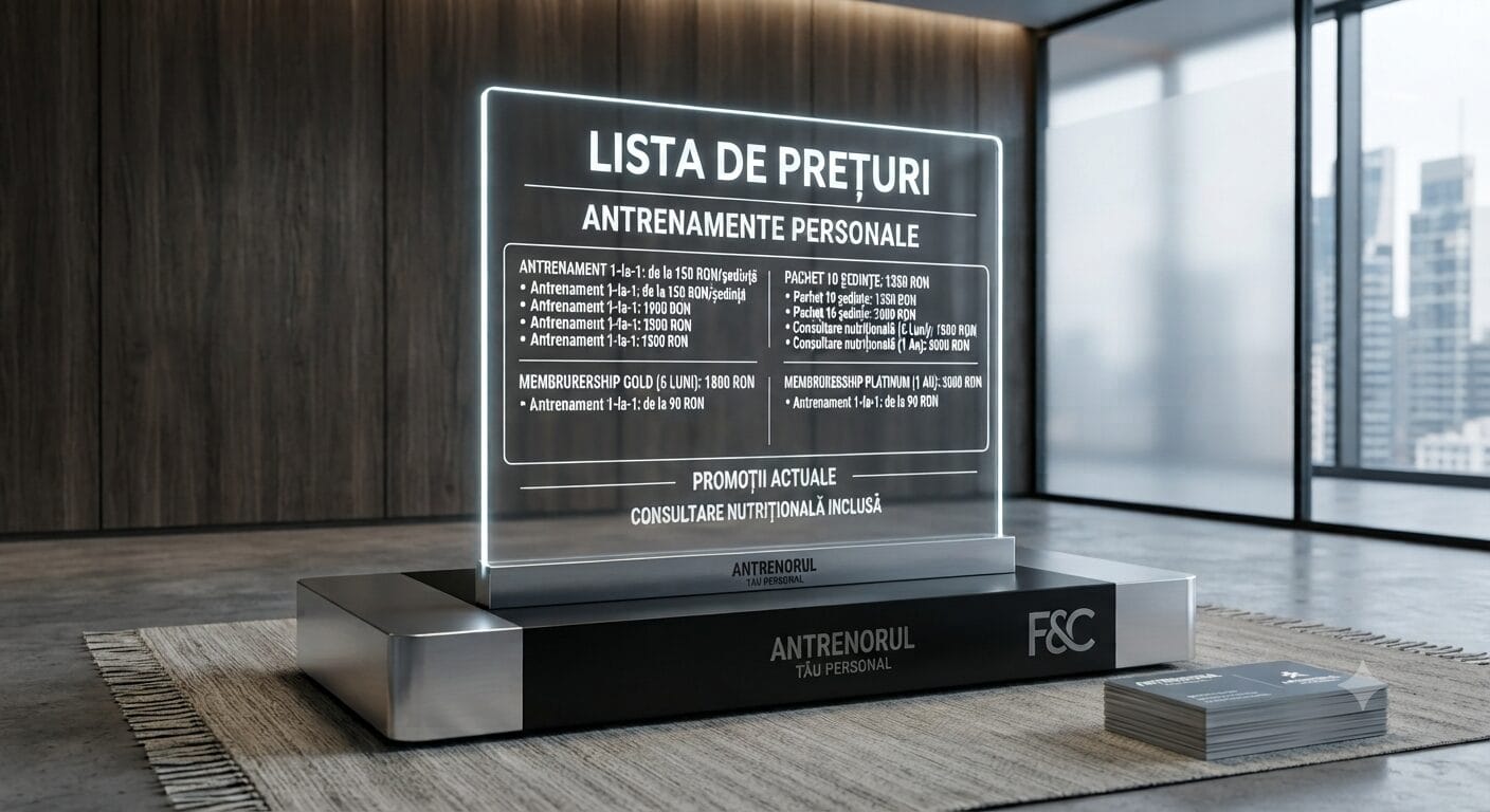 Afișaj de prețuri iluminat cu LED pentru antrenamente personale și consultanță nutrițională, brand F&C, într-un birou modern